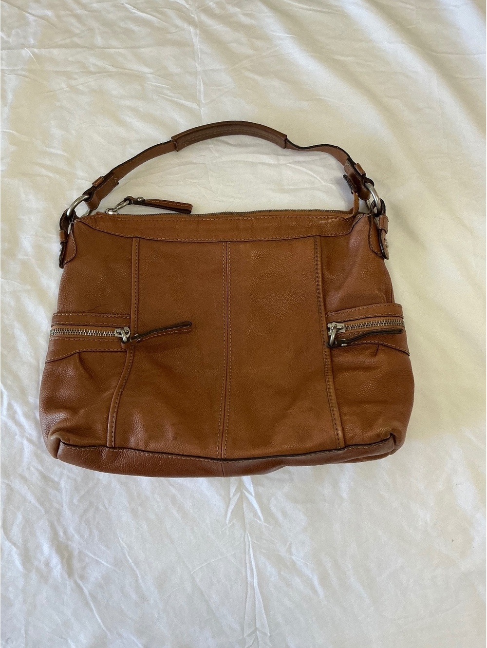 Fossil Brown Cognac Genuine Leather Shoulder Bag Hobo Multi Pocket Zip Handbag